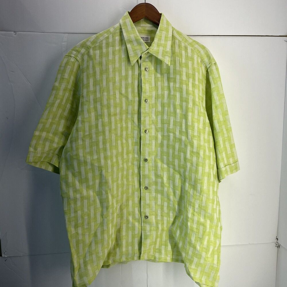vtg angelino mens large button down shirt short sleeve green plaid linen